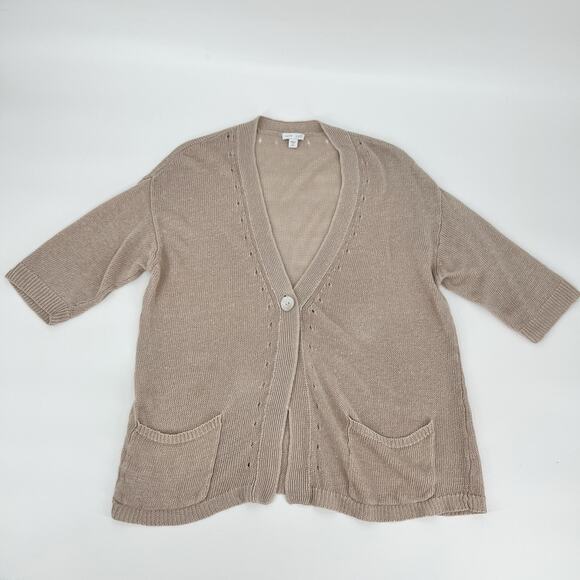 J. Jill Love 100% Linen Cardigan Medium Petite Beige One Button Knit Sweater Tan - Picture 5 of 12
